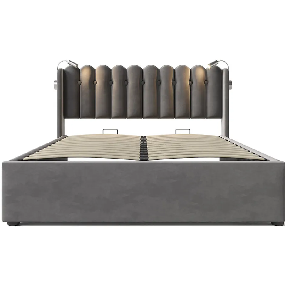 Okwish Lit Coffre 160x200 Cm - Lit Double avec Lampe de Lecture et Ports USB - Velours - Sans Matelas - Gris