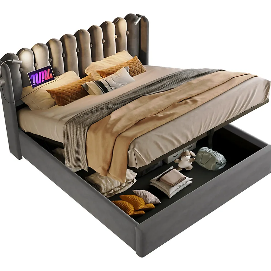Okwish Lit Coffre 160x200 Cm - Lit Double avec Lampe de Lecture et Ports USB - Velours - Sans Matelas - Gris
