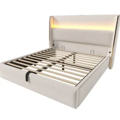 Okwish Lit Coffre 140x200 cm - Lit Double avec Sommier Relevable et Rangement - Ports USB Type-C - Tissu Lin Beige - Sans Matelas New