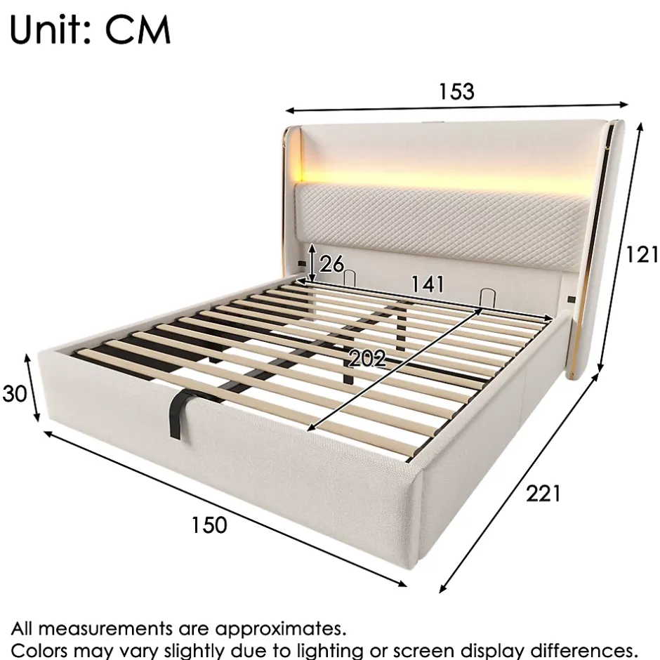 Okwish Lit Coffre 140x200 cm - Lit Double avec Sommier Relevable et Rangement - Ports USB Type-C - Tissu Lin Beige - Sans Matelas New