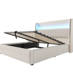 Okwish Lit Coffre 140x200 cm - Lit Double avec Sommier Relevable et Rangement - Ports USB Type-C - Tissu Lin Beige - Sans Matelas New
