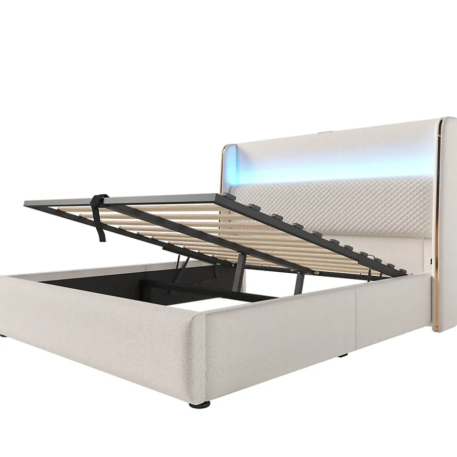 Okwish Lit Coffre 140x200 cm - Lit Double avec Sommier Relevable et Rangement - Ports USB Type-C - Tissu Lin Beige - Sans Matelas New