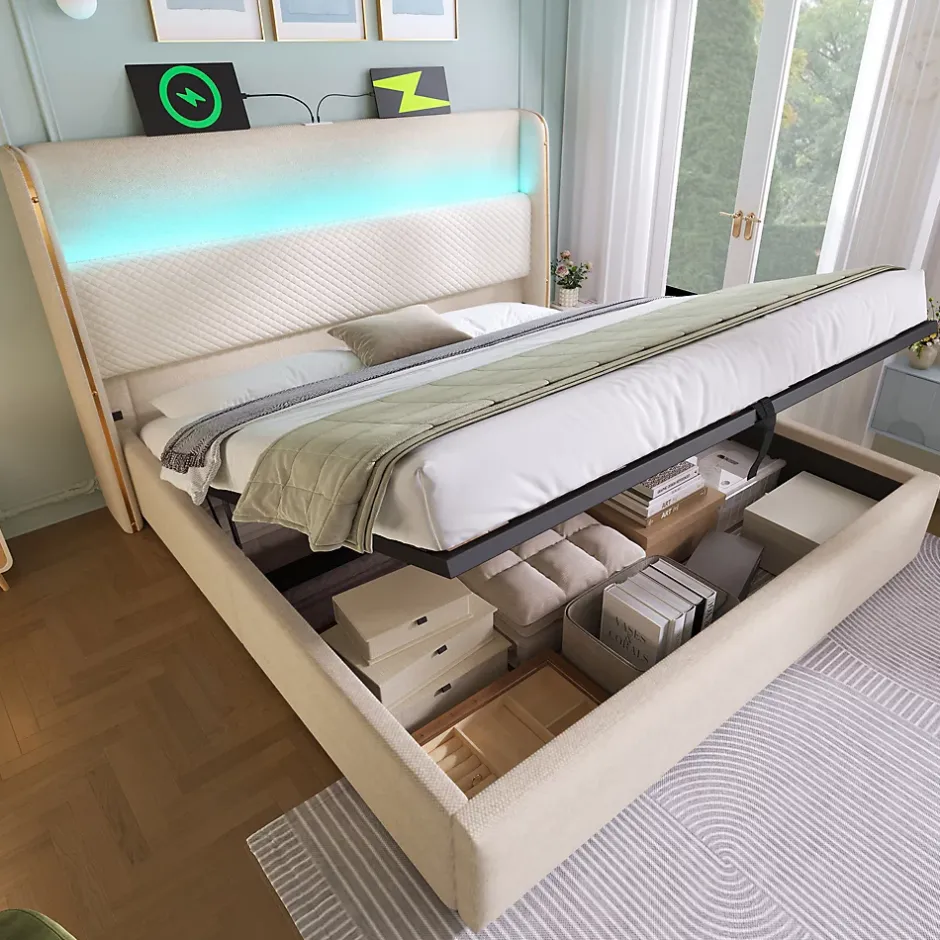Okwish Lit Coffre 140x200 cm - Lit Double avec Sommier Relevable et Rangement - Ports USB Type-C - Tissu Lin Beige - Sans Matelas New