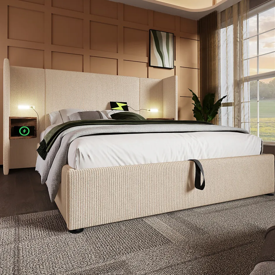 Okwish Lit coffre 180x200 cm - Lit double capitonné avec table de chevet et lampe de lecture - Velours côtelé - Sans Matelas - Beige Best