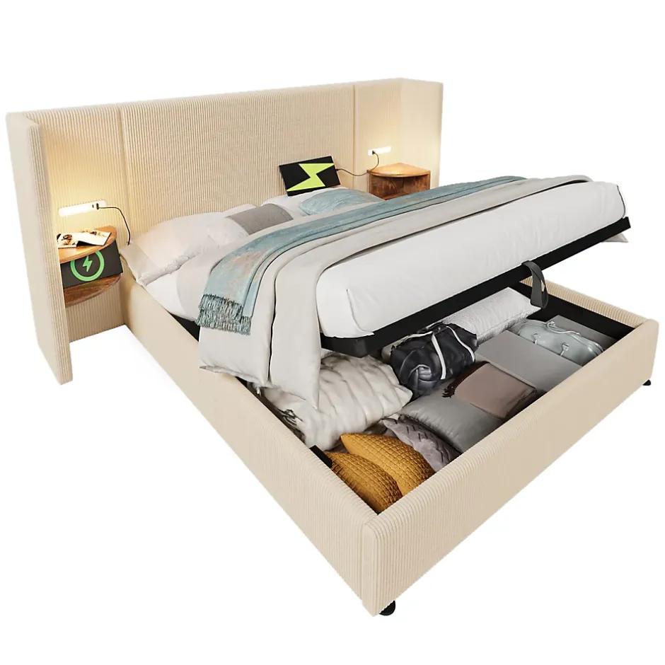 Okwish Lit coffre 180x200 cm - Lit double capitonné avec table de chevet et lampe de lecture - Velours côtelé - Sans Matelas - Beige Best
