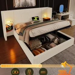 Okwish Lit coffre 180x200 cm - Lit double capitonné avec table de chevet et lampe de lecture - Velours côtelé - Sans Matelas - Beige Best