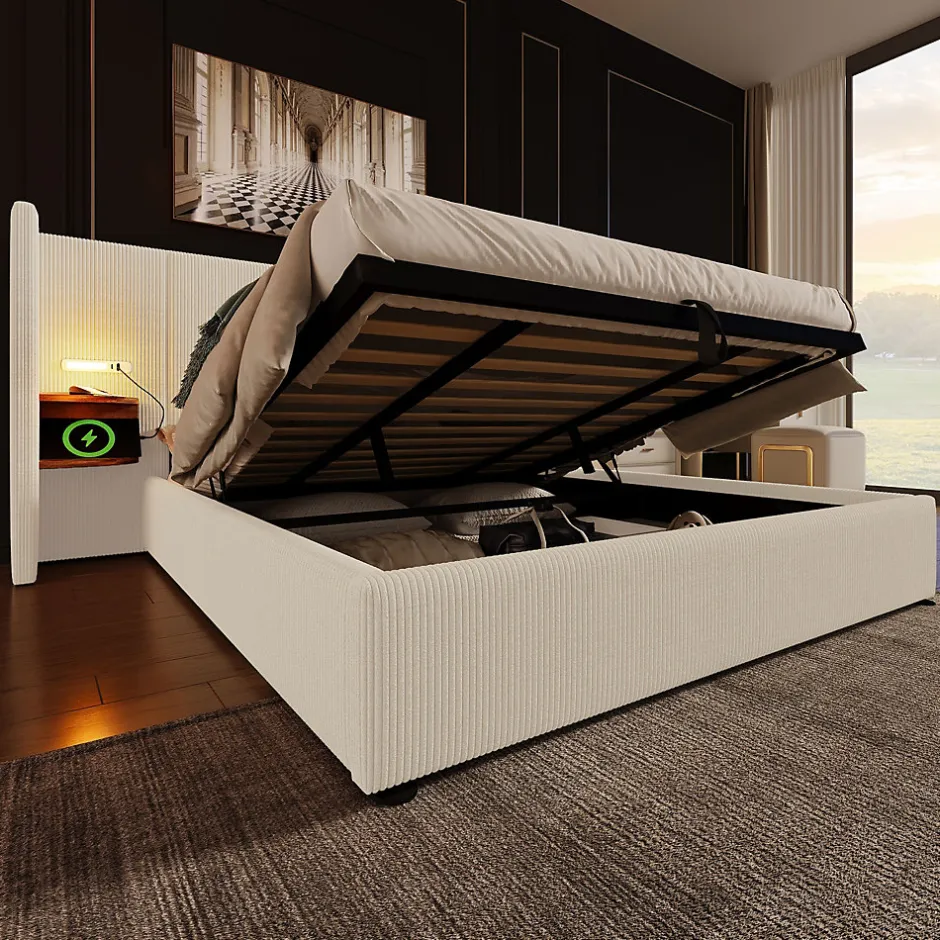 Okwish Lit coffre 180x200 cm - Lit double capitonné avec table de chevet et lampe de lecture - Velours côtelé - Sans Matelas - Beige Best