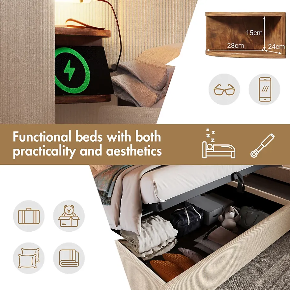 Okwish Lit coffre 180x200 cm - Lit double capitonné avec table de chevet et lampe de lecture - Velours côtelé - Sans Matelas - Beige Best