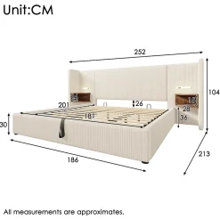 Okwish Lit coffre 180x200 cm - Lit double capitonné avec table de chevet et lampe de lecture - Velours côtelé - Sans Matelas - Beige Best