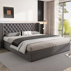 Generique Lit coffre 160x200 cm - Lit double avec sommier à lattes et coffre hydraulique - Velours - Sans Matelas - Gris Outlet