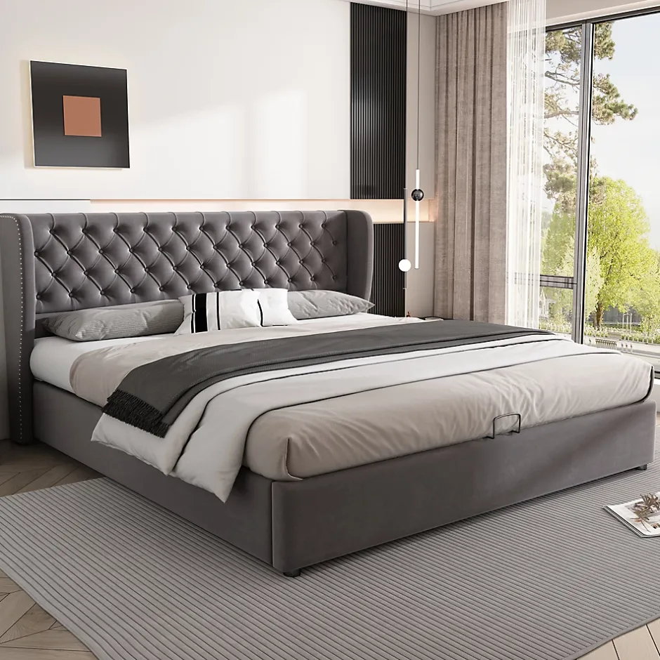 Generique Lit coffre 160x200 cm - Lit double avec sommier à lattes et coffre hydraulique - Velours - Sans Matelas - Gris Outlet