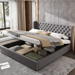 Generique Lit coffre 160x200 cm - Lit double avec sommier à lattes et coffre hydraulique - Velours - Sans Matelas - Gris Outlet