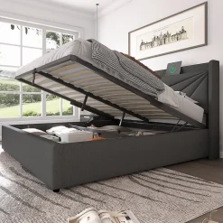 Okwish Lit Coffre 160x200 Cm - Lit Double avec Sommier à Lattes et Port USB - Coton Bois Métal - Sans Matelas - Gris