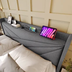 Okwish Lit Coffre 160x200 Cm - Lit Double avec Sommier à Lattes et Port USB - Coton Bois Métal - Sans Matelas - Gris