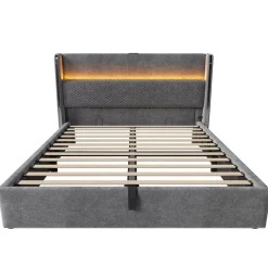 Okwish Lit Coffre 160x200 cm - Lit Double avec Sommier Relevable et Rangement - LED et Ports USB Type-C - Tissu Lin Gris - Sans Matelas Sale