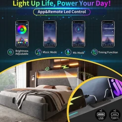 Okwish Lit Coffre 160x200 cm - Lit Double avec Sommier Relevable et Rangement - LED et Ports USB Type-C - Tissu Lin Gris - Sans Matelas Sale