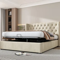Okwish Lit coffre 140x190 cm - Lit double avec sommier à lattes et coffre hydraulique - Capitonné Velours - Sans Matelas - Beige