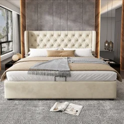 Okwish Lit coffre 140x190 cm - Lit double avec sommier à lattes et coffre hydraulique - Capitonné Velours - Sans Matelas - Beige