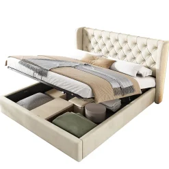 Okwish Lit coffre 140x190 cm - Lit double avec sommier à lattes et coffre hydraulique - Capitonné Velours - Sans Matelas - Beige