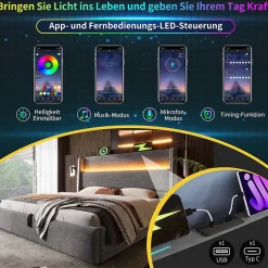 Okwish Lit Coffre 140x200 cm - Lit Double avec Sommier Relevable et Rangement - LED et Ports USB Type-C - Tissu Lin Gris - Sans Matelas Hot