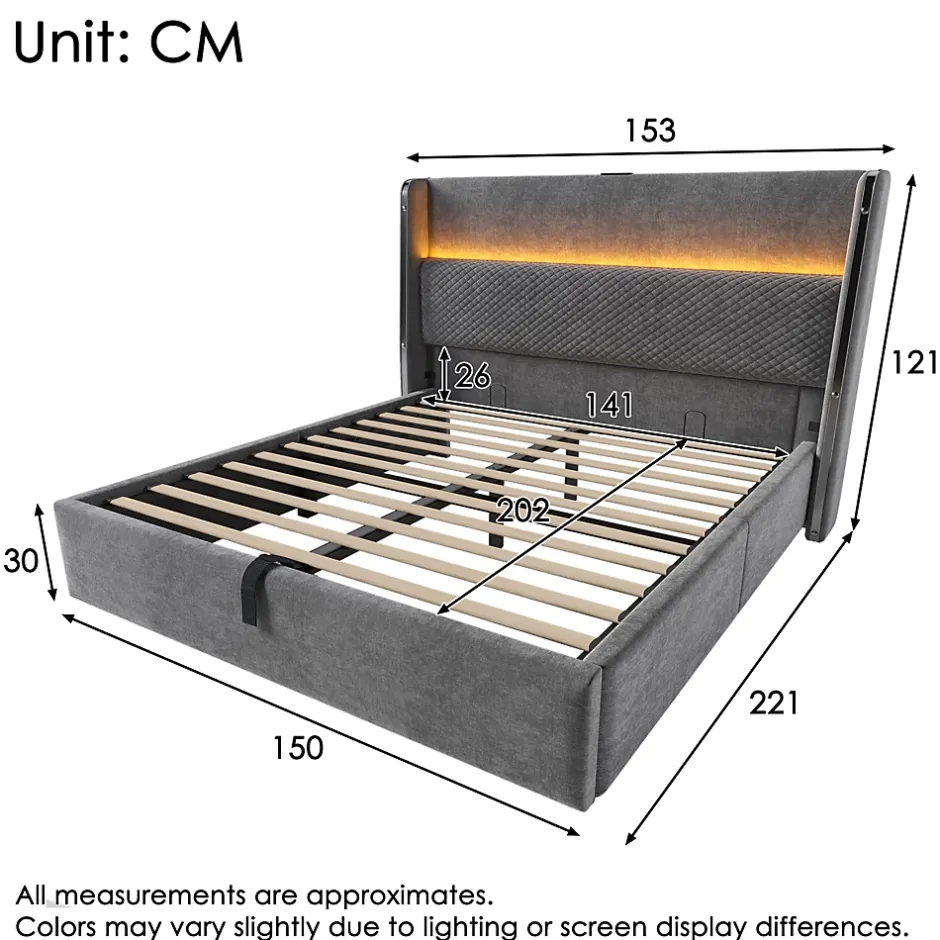 Okwish Lit Coffre 140x200 cm - Lit Double avec Sommier Relevable et Rangement - LED et Ports USB Type-C - Tissu Lin Gris - Sans Matelas Hot