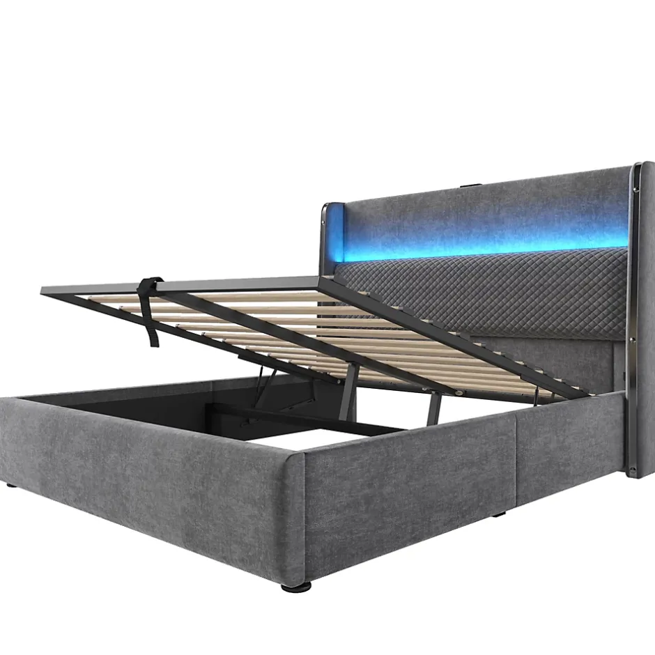 Okwish Lit Coffre 140x200 cm - Lit Double avec Sommier Relevable et Rangement - LED et Ports USB Type-C - Tissu Lin Gris - Sans Matelas Hot