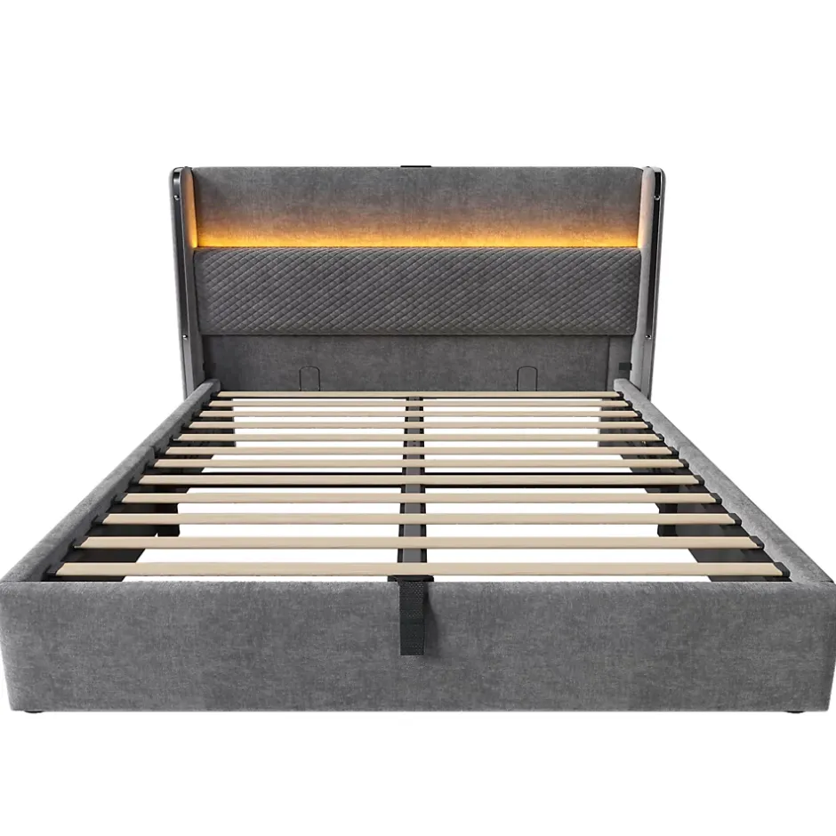 Okwish Lit Coffre 140x200 cm - Lit Double avec Sommier Relevable et Rangement - LED et Ports USB Type-C - Tissu Lin Gris - Sans Matelas Hot