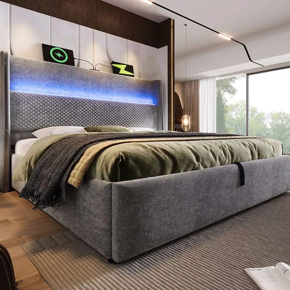 Okwish Lit Coffre 140x200 cm - Lit Double avec Sommier Relevable et Rangement - LED et Ports USB Type-C - Tissu Lin Gris - Sans Matelas Hot