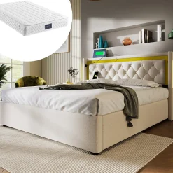 Okwish Lit coffre 160x200 cm - Lit double avec USB Type C et LED - Coton - avec Matelas - Beige
