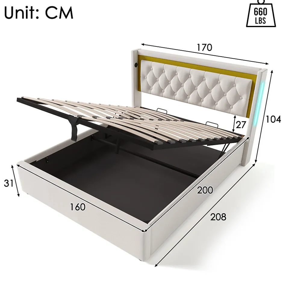 Okwish Lit coffre 160x200 cm - Lit double avec USB Type C et LED - Coton - avec Matelas - Beige