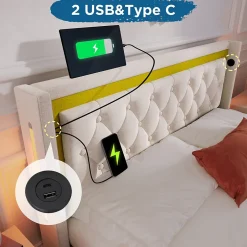 Okwish Lit coffre 160x200 cm - Lit double avec USB Type C et LED - Coton - avec Matelas - Beige