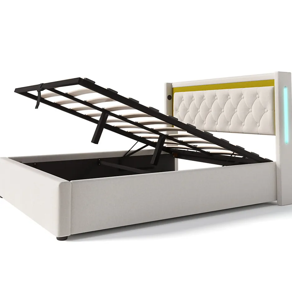 Okwish Lit coffre 160x200 cm - Lit double avec USB Type C et LED - Coton - avec Matelas - Beige