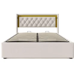 Okwish Lit coffre 160x200 cm - Lit double avec USB Type C et LED - Coton - avec Matelas - Beige