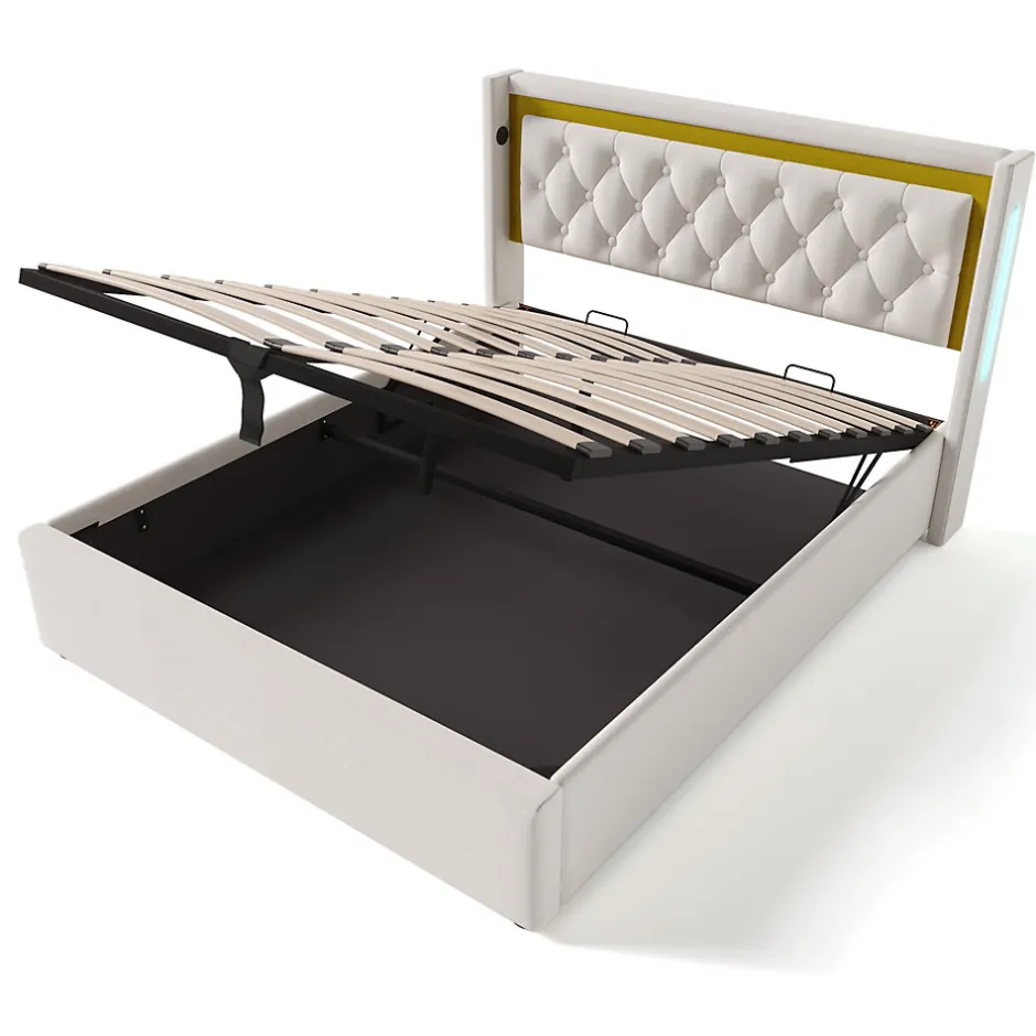 Okwish Lit coffre 160x200 cm - Lit double avec USB Type C et LED - Coton - avec Matelas - Beige