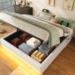Okwish Lit Coffre 140x200 cm - Lit Double avec Poches de Rangement - Lin + MDF - Sans Matelas - Beige Clearance