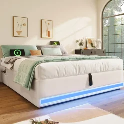 Okwish Lit Coffre 140x200 cm - Lit Double avec Poches de Rangement - Lin + MDF - Sans Matelas - Beige Clearance
