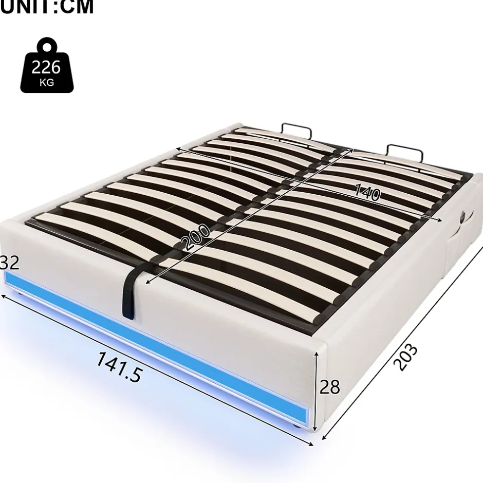Okwish Lit Coffre 140x200 cm - Lit Double avec Poches de Rangement - Lin + MDF - Sans Matelas - Beige Clearance