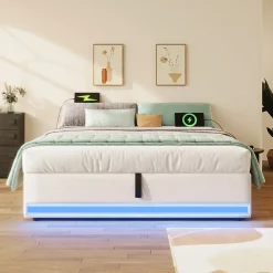 Okwish Lit Coffre 140x200 cm - Lit Double avec Poches de Rangement - Lin + MDF - Sans Matelas - Beige Clearance