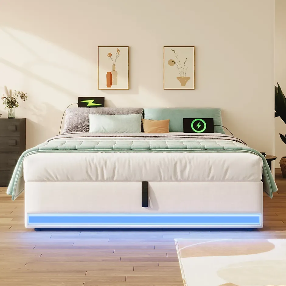 Okwish Lit Coffre 140x200 cm - Lit Double avec Poches de Rangement - Lin + MDF - Sans Matelas - Beige Clearance