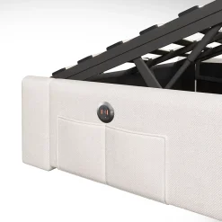 Okwish Lit Coffre 140x200 cm - Lit Double avec Poches de Rangement - Lin + MDF - Sans Matelas - Beige Clearance