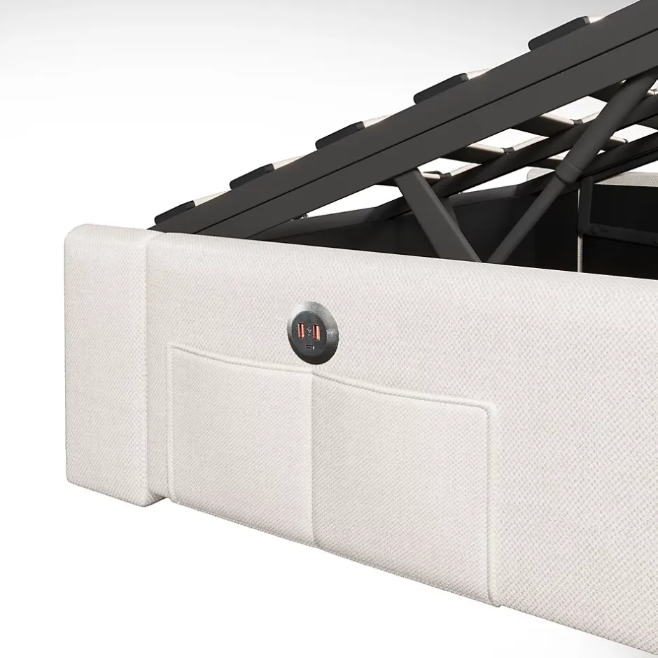 Okwish Lit Coffre 140x200 cm - Lit Double avec Poches de Rangement - Lin + MDF - Sans Matelas - Beige Clearance