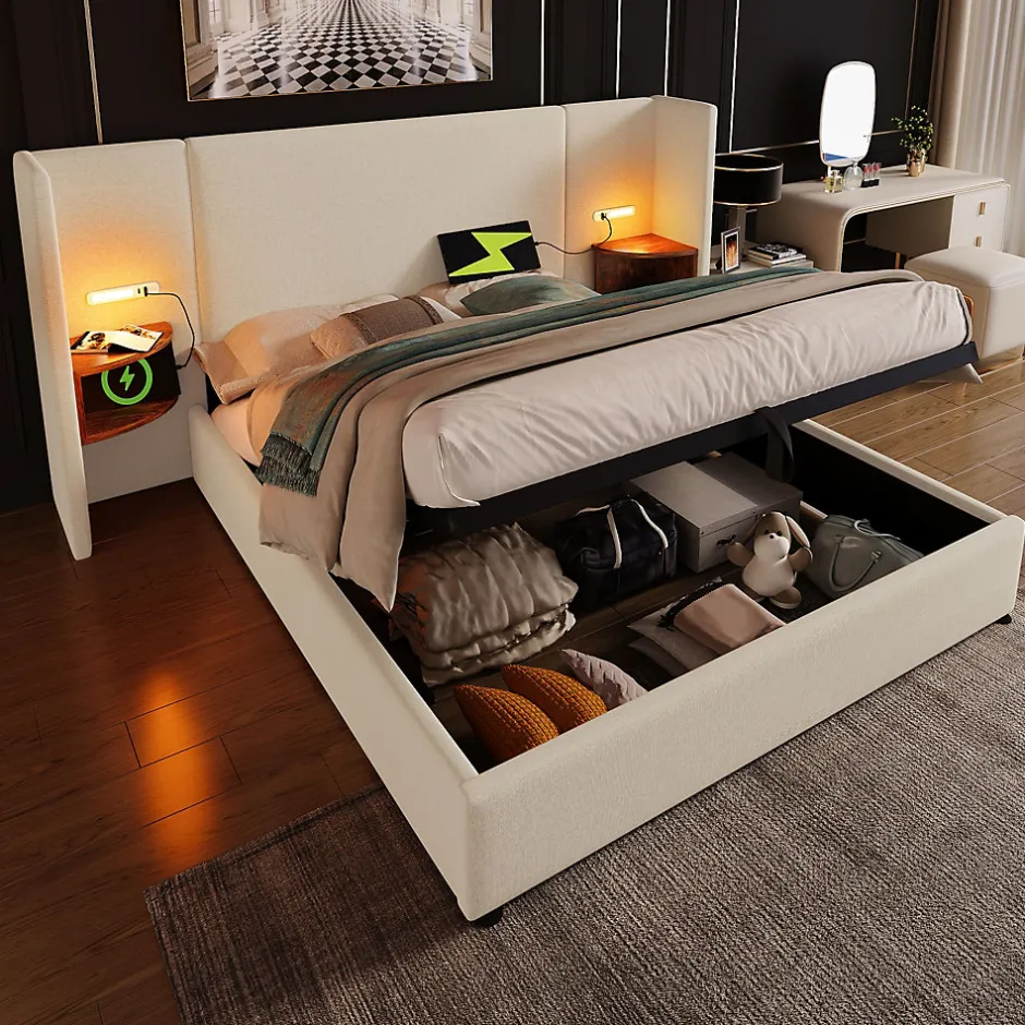 Okwish Lit coffre 160x200 cm - Lit double capitonné avec table de chevet et lampe de lecture - Lin - Sans Matelas - Beige