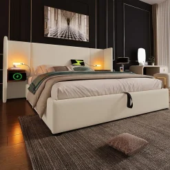 Okwish Lit coffre 160x200 cm - Lit double capitonné avec table de chevet et lampe de lecture - Lin - Sans Matelas - Beige