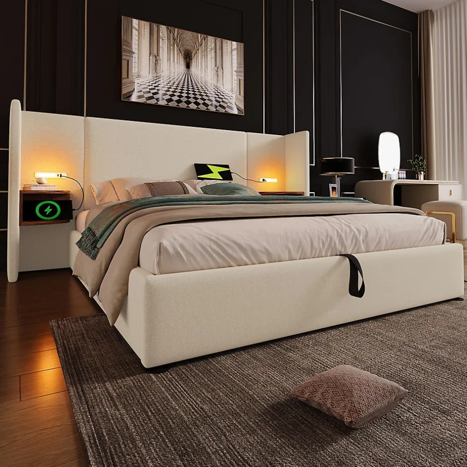 Okwish Lit coffre 160x200 cm - Lit double capitonné avec table de chevet et lampe de lecture - Lin - Sans Matelas - Beige