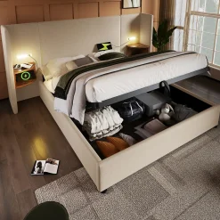 Okwish Lit coffre 160x200 cm - Lit double capitonné avec table de chevet et lampe de lecture - Lin - Sans Matelas - Beige