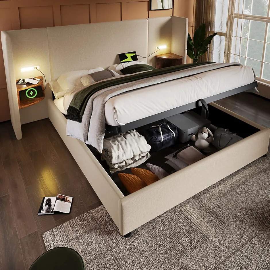 Okwish Lit coffre 160x200 cm - Lit double capitonné avec table de chevet et lampe de lecture - Lin - Sans Matelas - Beige