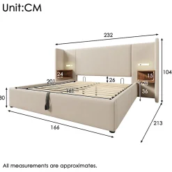 Okwish Lit coffre 160x200 cm - Lit double capitonné avec table de chevet et lampe de lecture - Lin - Sans Matelas - Beige