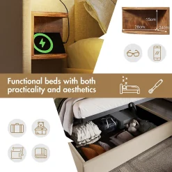 Okwish Lit coffre 160x200 cm - Lit double capitonné avec table de chevet et lampe de lecture - Lin - Sans Matelas - Beige