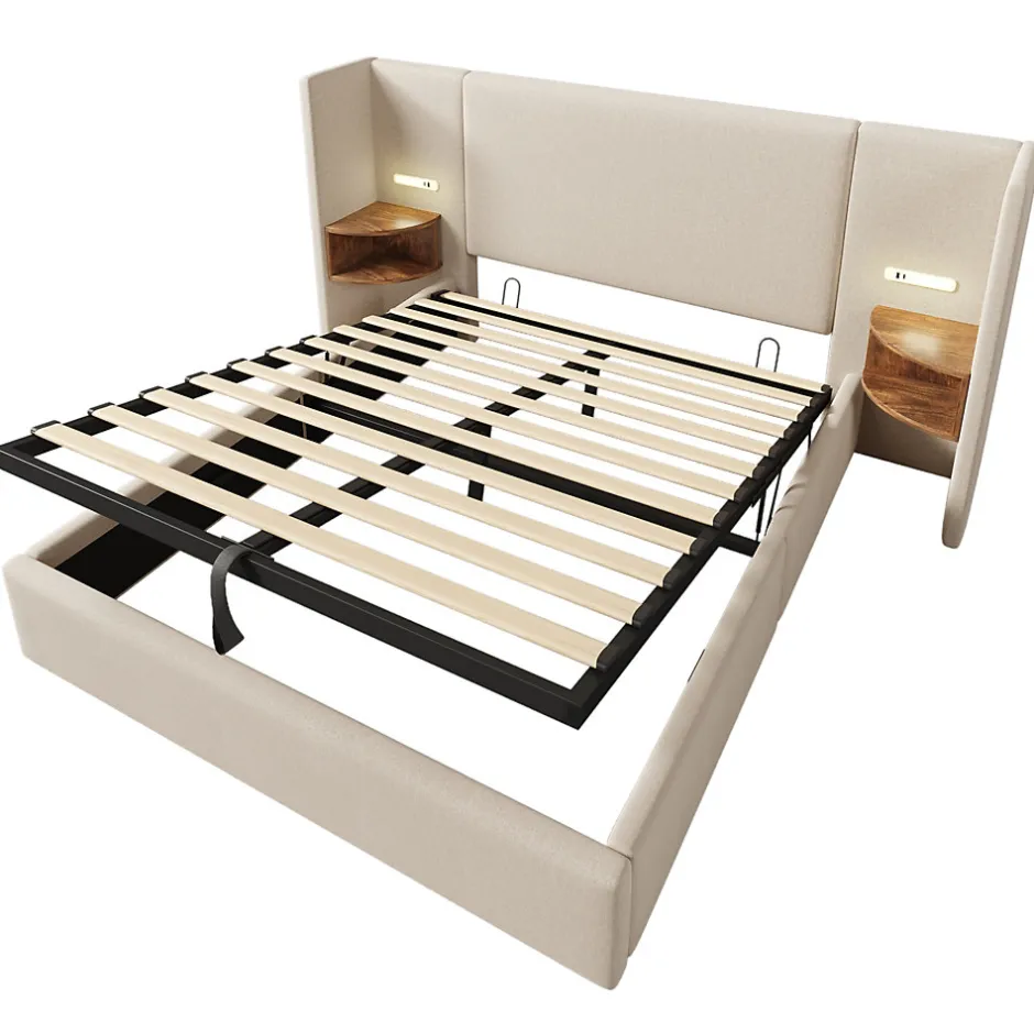 Okwish Lit coffre 160x200 cm - Lit double capitonné avec table de chevet et lampe de lecture - Lin - Sans Matelas - Beige
