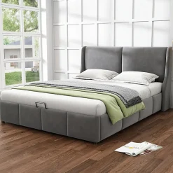 Okwish Lit coffre 160x200 cm - Lit double capitonné avec tête de lit oreille - Velours - Sans Matelas - Gris